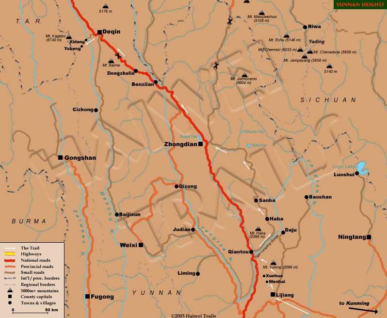 A trek in two legs starting Lijiang , heading round the slopes of Jade Dragon before striking north to the Meilixueshan range via Zhongdian, for Yubeng on the slopes of Mt. Kagebo.