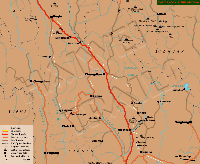 Trek from Lijiang in NW Yunnan around Jade Dragon via Naxi villages of Wenhai and Shanghai & Yi village of Xuehua. 4WD up the Mekong through Naxi & Lisu areas via Liming, Xiao Weixi, Cizhong & Hongpo to Kham Tibet.