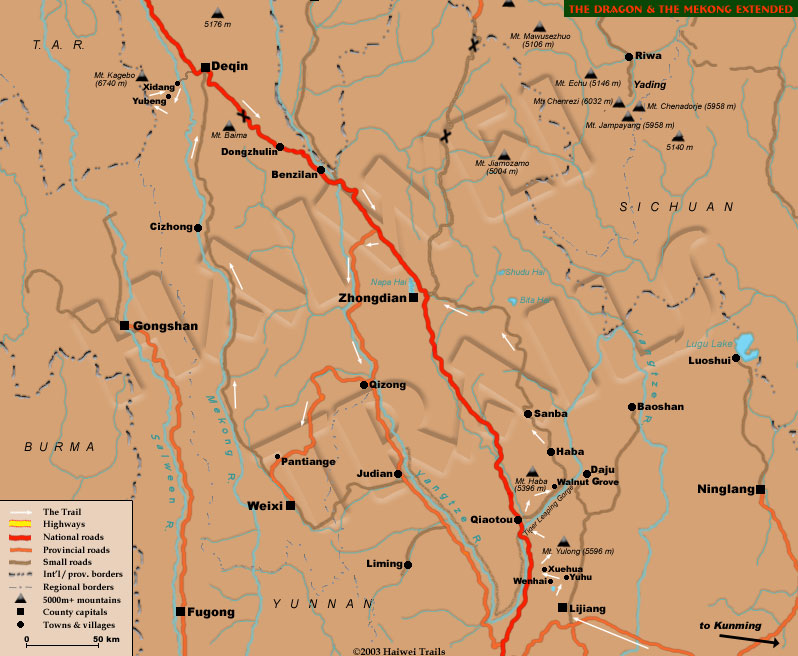 Travel SW China & Tibet - Trek from Lijiang in NW Yunnan, around Jade Dragon via Wenhai, Xuehua & Shanghai. Drive up Mekong, via Liming, Cizhong & Hongpo, to Deqin and 5-day trek from Xidang via Yubeng through Kawa Karpo range. 