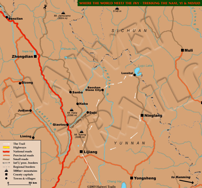 14-day trekking trail through NW Yunnan, from Baoshan Stone Castle to Lugu Lake.