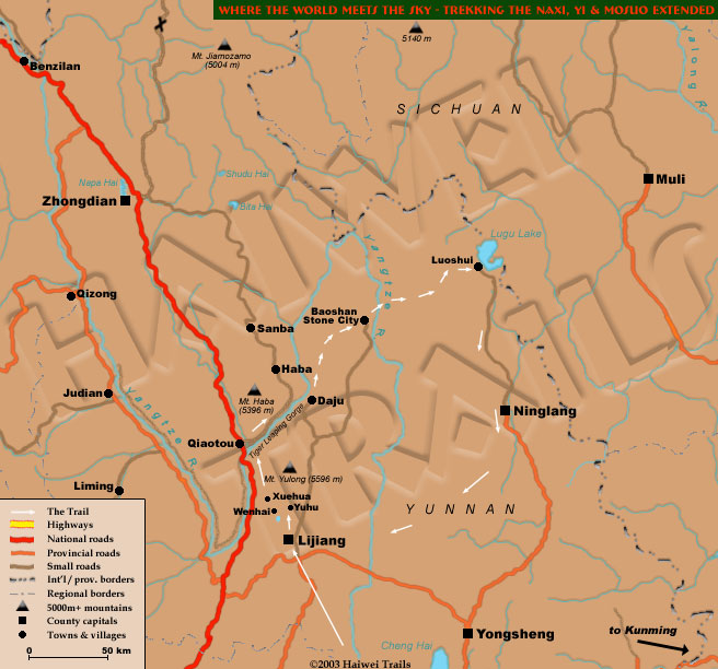 Trek from Lijiang in NW Yunnan around Jade Dragon, Wenhai, Xuehua and Shanghai via Tiger Leaping Gorge. Then from Baoshan Stone Castle to Lugu Lake, through Naxi, Yi & Mosuo minority country.